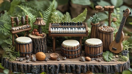 Miniature Wooden Musical Instrument Ensemble in a Forest Setting