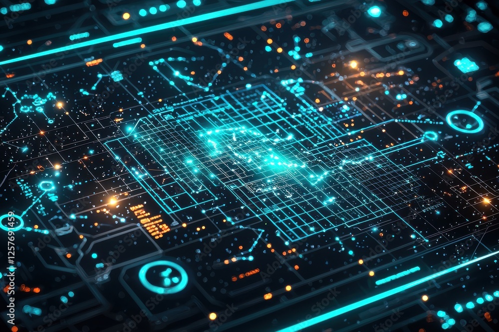 Poster abstract digital circuit board design with glowing neon lines and circuit connections, representing 