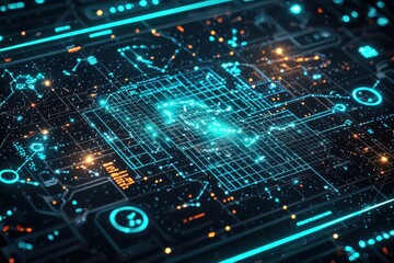 Abstract digital circuit board design with glowing neon lines and circuit connections, representing advanced technology and data processing concepts.