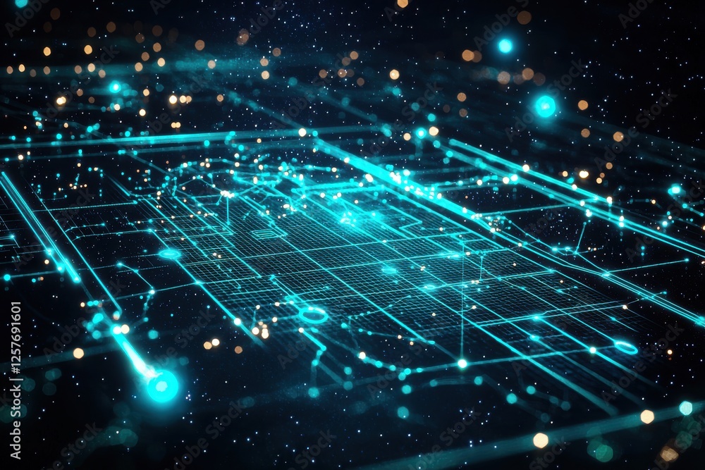 Poster a futuristic and modern design of an abstract digital circuit board with neon blue lines and glowing