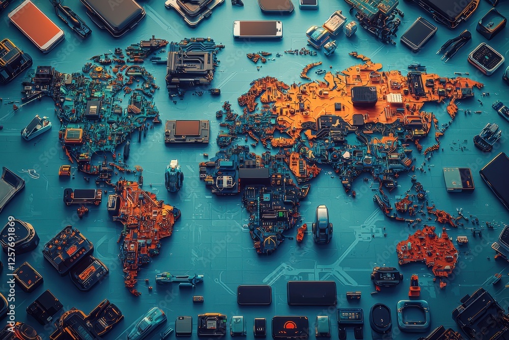 Poster conceptual depiction of the world map formed by electronic components, representing global technolog