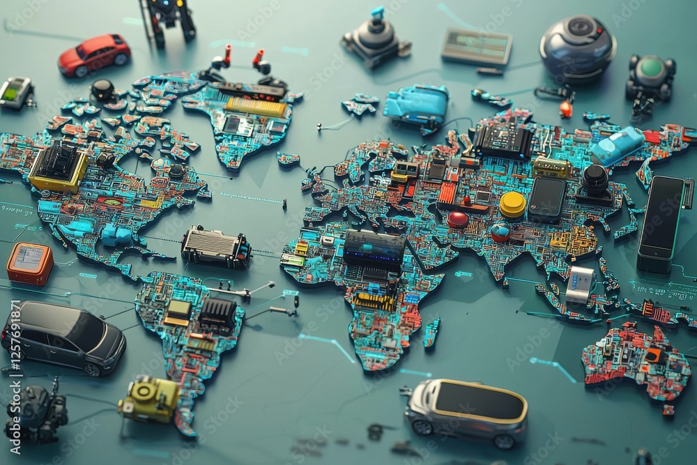 Poster unique representation of a world map crafted from integrated circuit boards and various digital and 