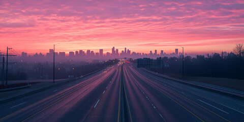 Obraz premium City skyline at dawn with colorful sky and empty highway