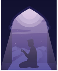 Laylatul Qadr poster, laylat al-Qadr background. Illustration of a Muslim man praying, with beautiful moonlight and stars