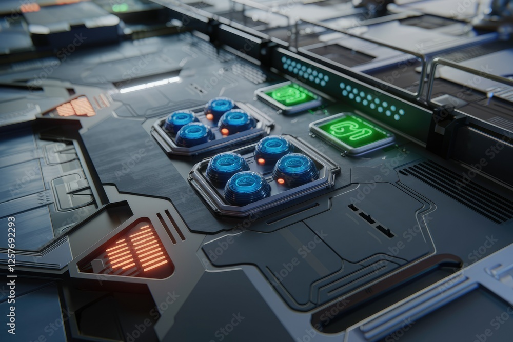 Poster futuristic control panel with glowing buttons and indicators, a sci-fi interface.
