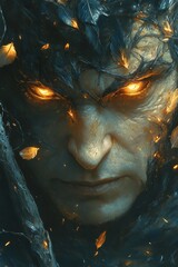 a close up of a person with yellow eyes and feathers on their head
