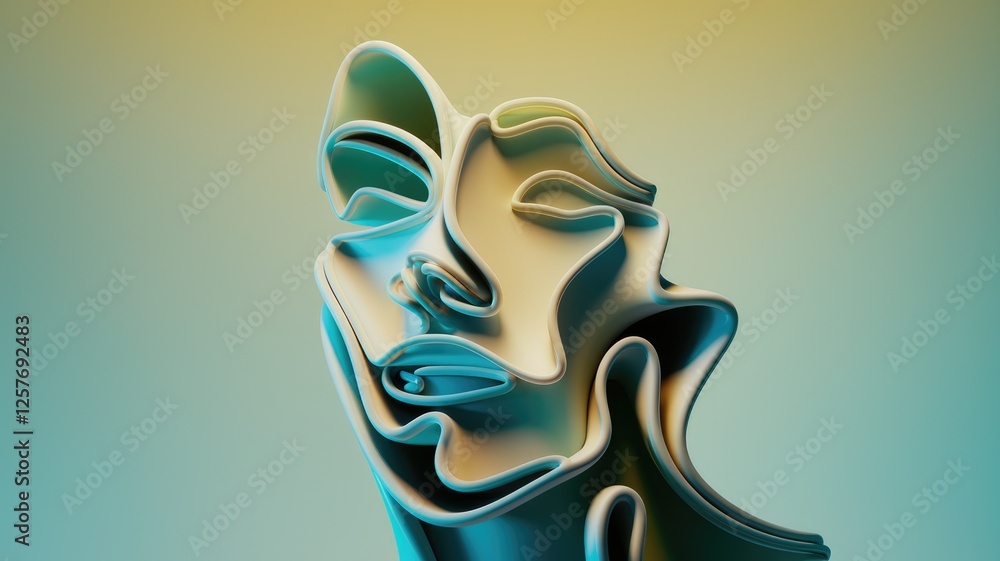 Poster Abstract 3D rendering of a face, composed of flowing, layered curves and smooth surfaces, creating a sense of fluidity and movement.