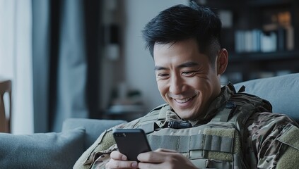 A Soldier's Smile: A close-up portrait of a soldier in uniform, beaming with happiness while using a smartphone, conveying a sense of connection and personal time during service.