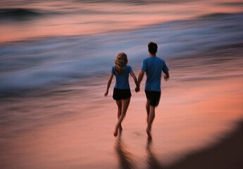 Fototapeta premium A joyful couple runs hand in hand along a beach at sunset, their laughter captured in motion. The golden hues of the setting sun and the blurred backdrop create a dynamic and intimate scene.
