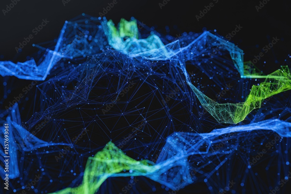 Aufkleber Abstract 3D rendering of a glowing blue and green interconnected network, representing data flow or connectivity.