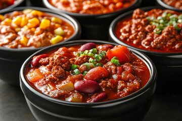 Cook Off. A row of Crock Pots set up for a Chili Competition at a Restaurant, complete with Ladles