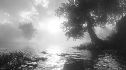 Misty Morning River Scene With Trees and Sunlight