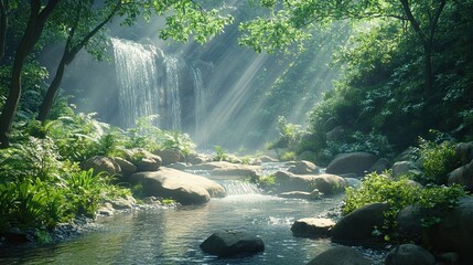 Serene Waterfall Stream In Lush Green Forest