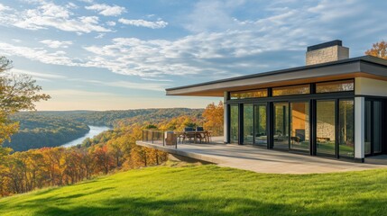 Fototapeta premium Modern house, autumn river view, deck, hillside