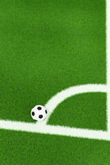 3D green soccer field with a ball on the corner line. Vertical. Match, championship. Background with a place for text.