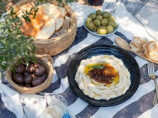 Hummus with Caviar, Bread, Olives: Gourmet Picnic Spread on Summer Blanket