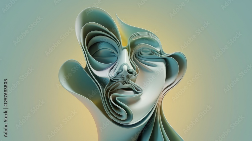 Poster Abstract 3D rendering of a face, layered and sculpted with flowing, organic forms, creating a surreal and artistic effect.