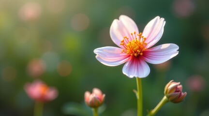 Fototapeta premium A Delicate Pink Blossom in Soft Sunlight, Gracefully Emerging from its Bud, Showcasing Exquisite Details of Petals and Stamens