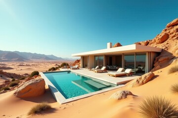 Fototapeta premium Modern desert dwelling with infinity pool and sun loungers overlooking arid landscape