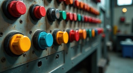 A Close-Up View of a Vintage Industrial Control Panel with Colorful Rotary Switches and Dials