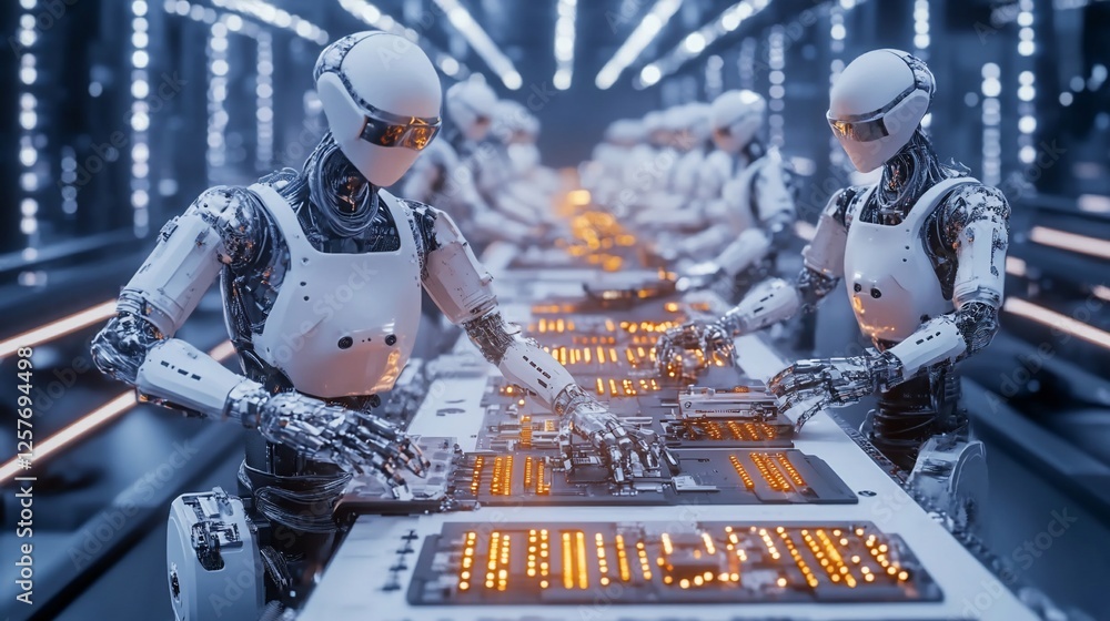 Poster futuristic assembly line: robots collaborating on advanced technology