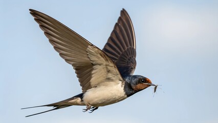 A Barn Swallow is captured in flight, carrying an insect in its beak. 