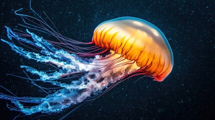 Orange jellyfish swimming in dark ocean, background stars, marine life, aquarium use