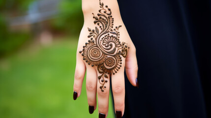 Obraz premium A close-up of a hand adorned with a henna design, featuring intricate floral and geometric patterns