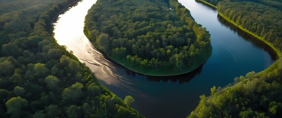 Fototapeta premium Stunning aerial view of a winding river with banks densely lined with lush trees showcasing the serene beauty of transitional landscapes