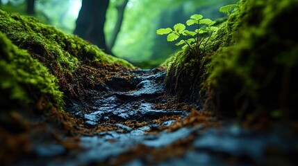 Green Plant Emerging From Mossy Forest Streambed