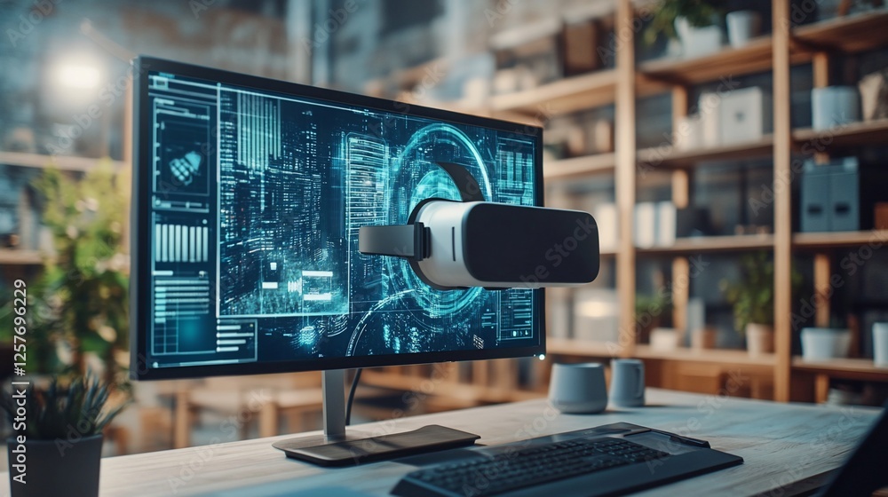 Poster vr headset and futuristic computer screen displaying advanced technology