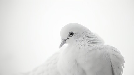Obraz premium A beautiful close-up of a white dove with a blurred background. The dove is looking to the left of the frame and has a gentle expression on its face.