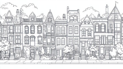 Row of houses, city street, trees, sunny day, neighborhood illustration