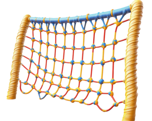 colorful climbing net designed for playgrounds, featuring vibrant yellow, blue, and red colors, perfect for children outdoor activities and physical play