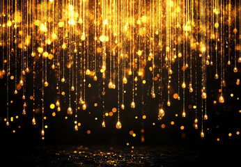 A dark background with cascading golden rain evokes a luxurious and enchanting atmosphere, perfect for special celebrations.