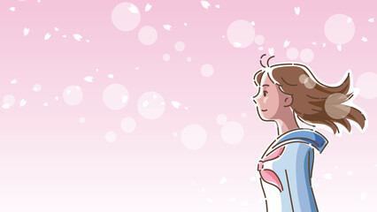 桜が風に舞う中で佇むセーラー服の女子学生の横顔