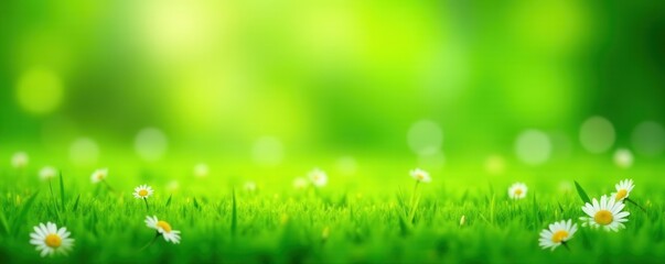 Obraz premium Abstract blurred background of vibrant green grass and scattered daisies , daisy, field