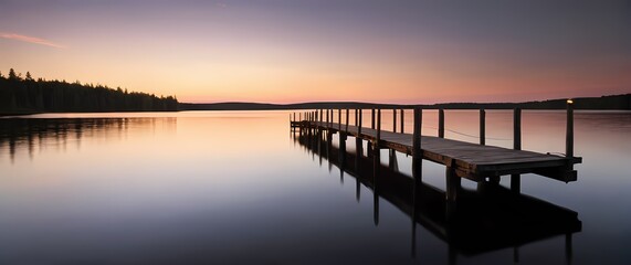 Obraz premium Rustic wooden pier extending into a serene lake the landscape reflecting sunset colors inviting peaceful moments and connections with nature