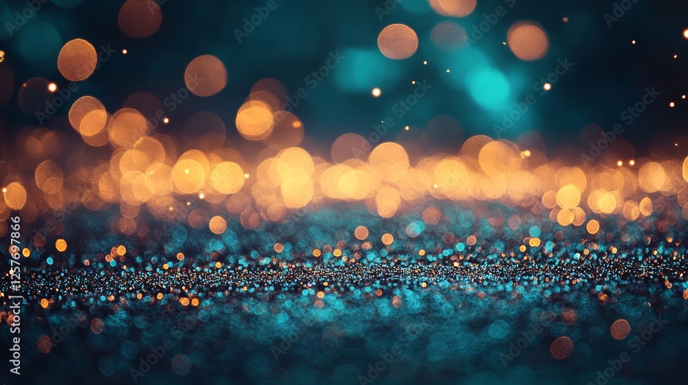 Poster floating dust particles with a shining flare bokeh star on an abstract gold particle background in s