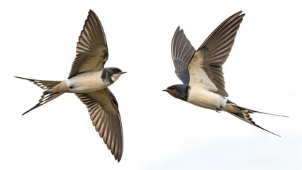 Obraz premium The image features two barn swallows in mid-flight against a white background