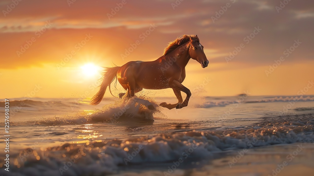 Aufkleber é§¿é¦¬åœ¨æµ·é‚šçš„æ·ºç˜ä¸šå¥”è·‘ï¼œæ¿€èµ·æ°´èš±ã€‚å¤•é™½ç‘åœ¨é¦¬èº«ä¸šï¼œé‡‘å…‰é–ƒé–ƒã€‚
