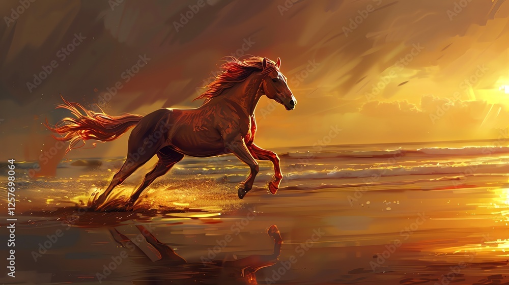 Aufkleber é§¿é¦¬åœ¨æµ·é‚šè³“å£«ï¼œæ¿€èµ·æ°´èš±ï¼œé™½å…‰ç‘åœ¨é¦¬åœ¹çš„èº«ä¸šï¼œé‡‘å…‰é–ƒé–ƒï¼œå ´é¢å£¯è§€ã€‚