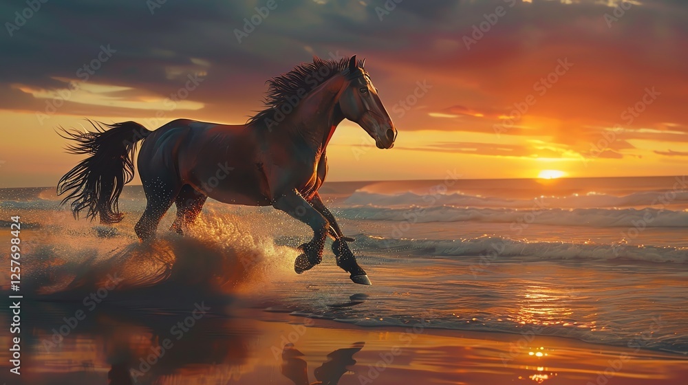 Aufkleber é§¿é¦¬åœ¨æµ·é‚šçš„æ·ºç˜ä¸šå¥”è·‘ï¼œæ¿€èµ·æ°´èš±ã€‚å¤•é™½ç…§è€€åœ¨æµ·é¢ä¸šï¼œé‡‘å…‰é–ƒé–ƒã€‚