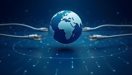 Fototapeta premium Global Connectivity Concept – Floating Globe with Ethernet Cables, Deep Blue Network Background, Futuristic Technology Symbolizing Internet, Data Exchange, and Digital Communication Innovation