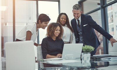 Laptop, research or happy business people in meeting with news for feedback, discussion or...