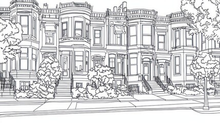 Row houses, city street, summer day, leafy trees, architectural illustration, real estate