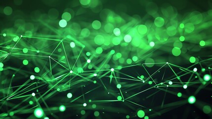 Abstract technology background with green glowing particles and plexus structure. 3D rendering illustration.