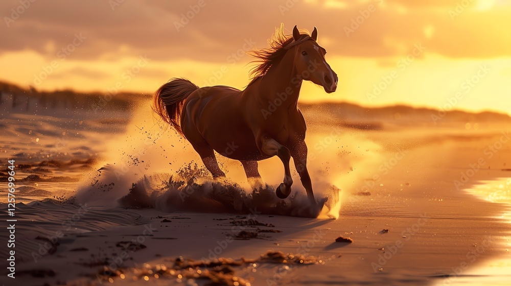 Aufkleber é§¿é¦¬åœ¨æµ·é‚šçš„æ²™ç˜ä¸šå¥”è·‘ï¼œæ¿€èµ·ä¸€ç‰‡æ°´èš±ã€‚å¤•é™½ç‘åœ¨é¦¬èº«ä¸šï¼œé–ƒè€€è‘—é‡‘è‰²çš„å