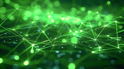 Obraz premium Glowing green circuit board. Glowing green dots are connected by lines resembling a circuit board. The background is dark green.
