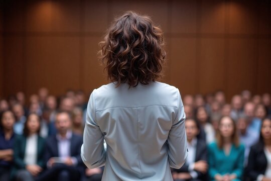 conference setting speaker at front attendees in rows listening